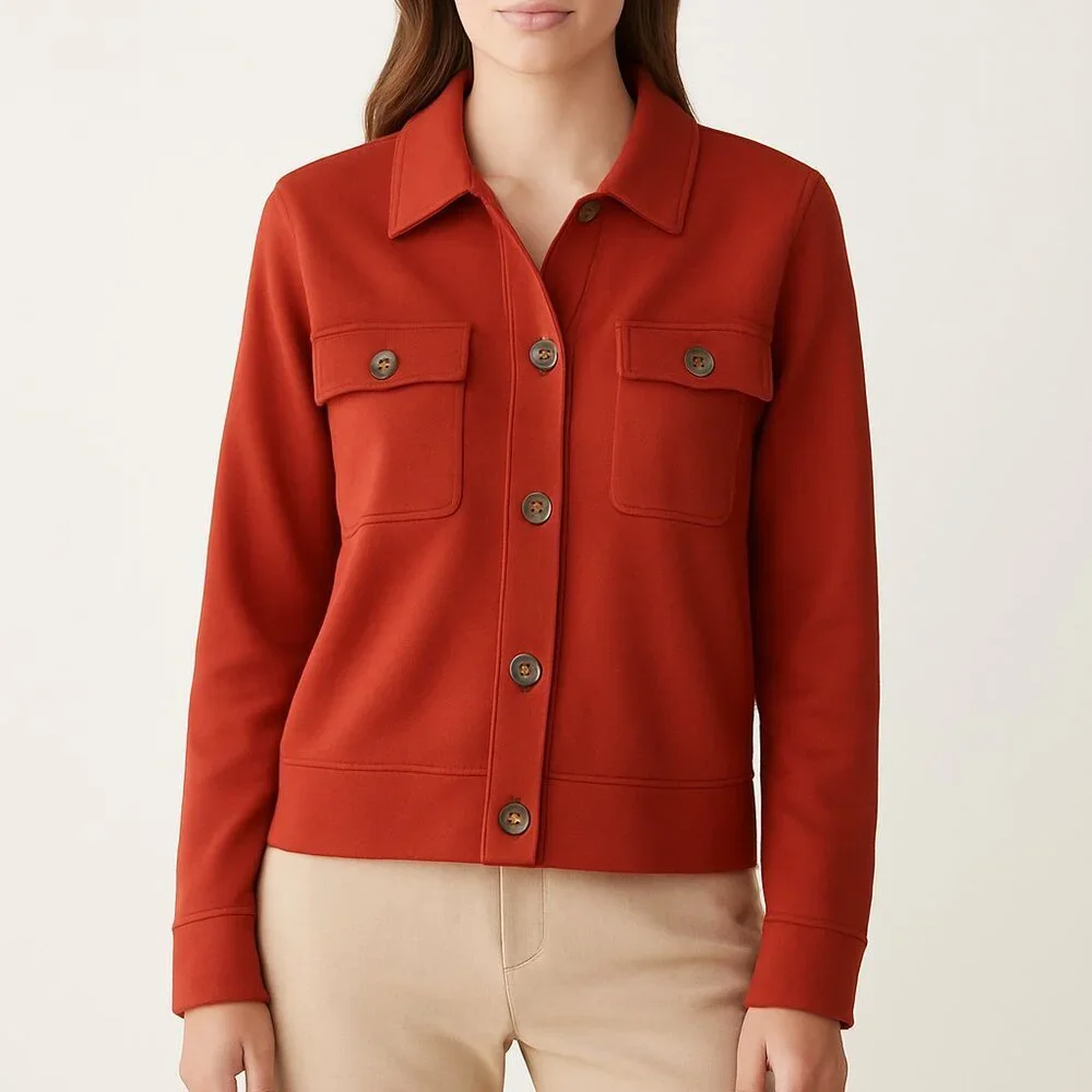J. Jill Wearever Collection Double Face Jersey Flap Pocket Jacket Rust Orange